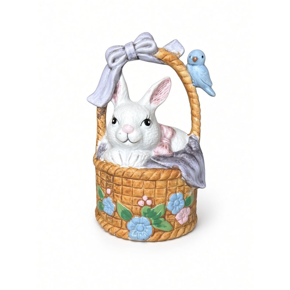 Vintage Ceramic Easter Bunny in Basket Bell Figurine Blue Bird Floral 4 Inch